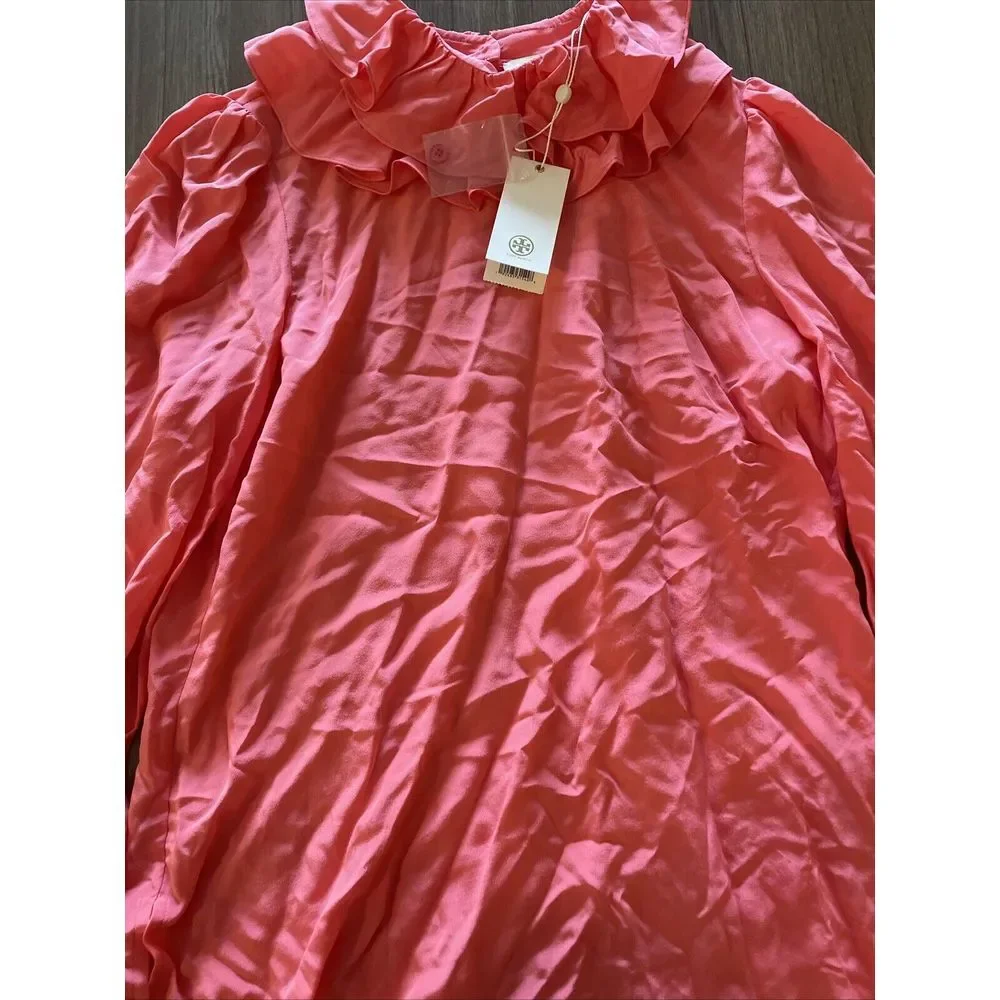 Tory‎ Burch Ruffle Blouse Size 0 All Silk Vivid Pink 650